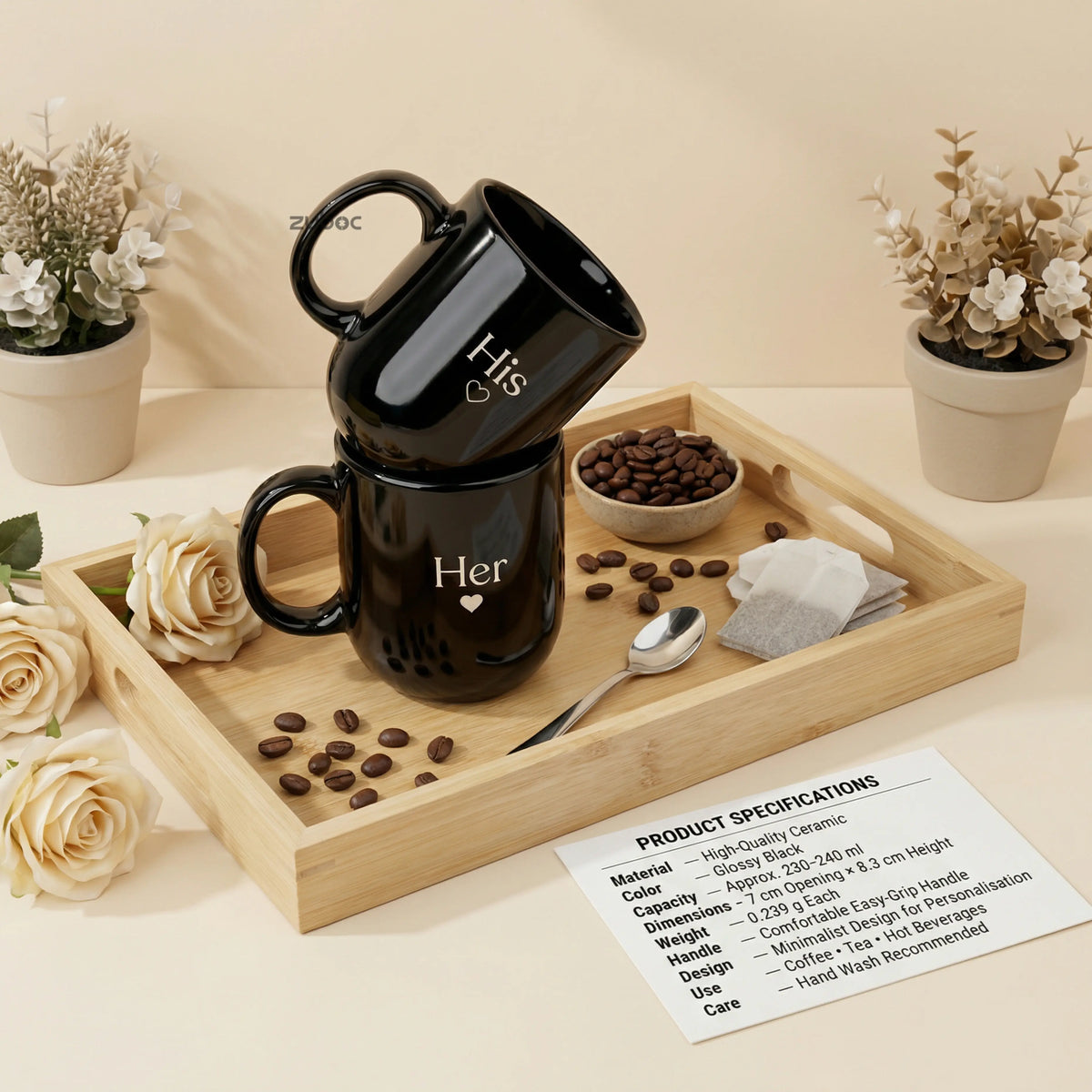 Zuboc Customized His and Hers Classic Mini Ceramic Coffee Mug Set /For Gifting- Black