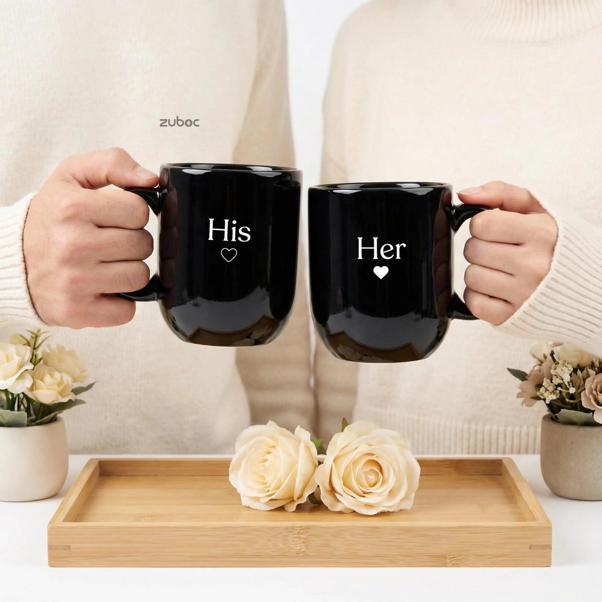 Zuboc Customized His and Hers Classic Mini Ceramic Coffee Mug Set /For Gifting- Black