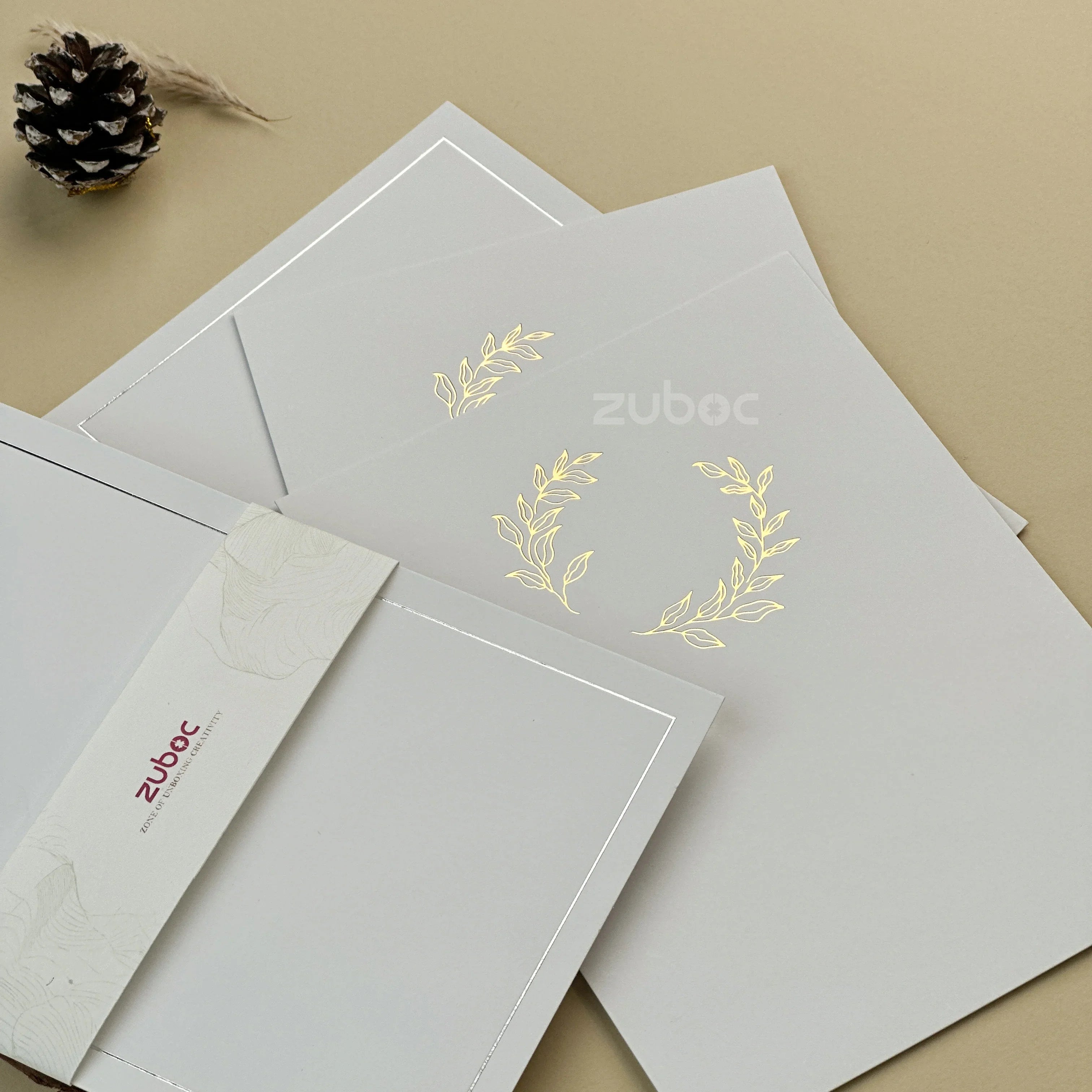 "Premium white kraft paper cards with silver foiled border and floral wreath design, size 18.5?12.5 cm ? perfect for wedding invitations, gifting, and stationery projects-2