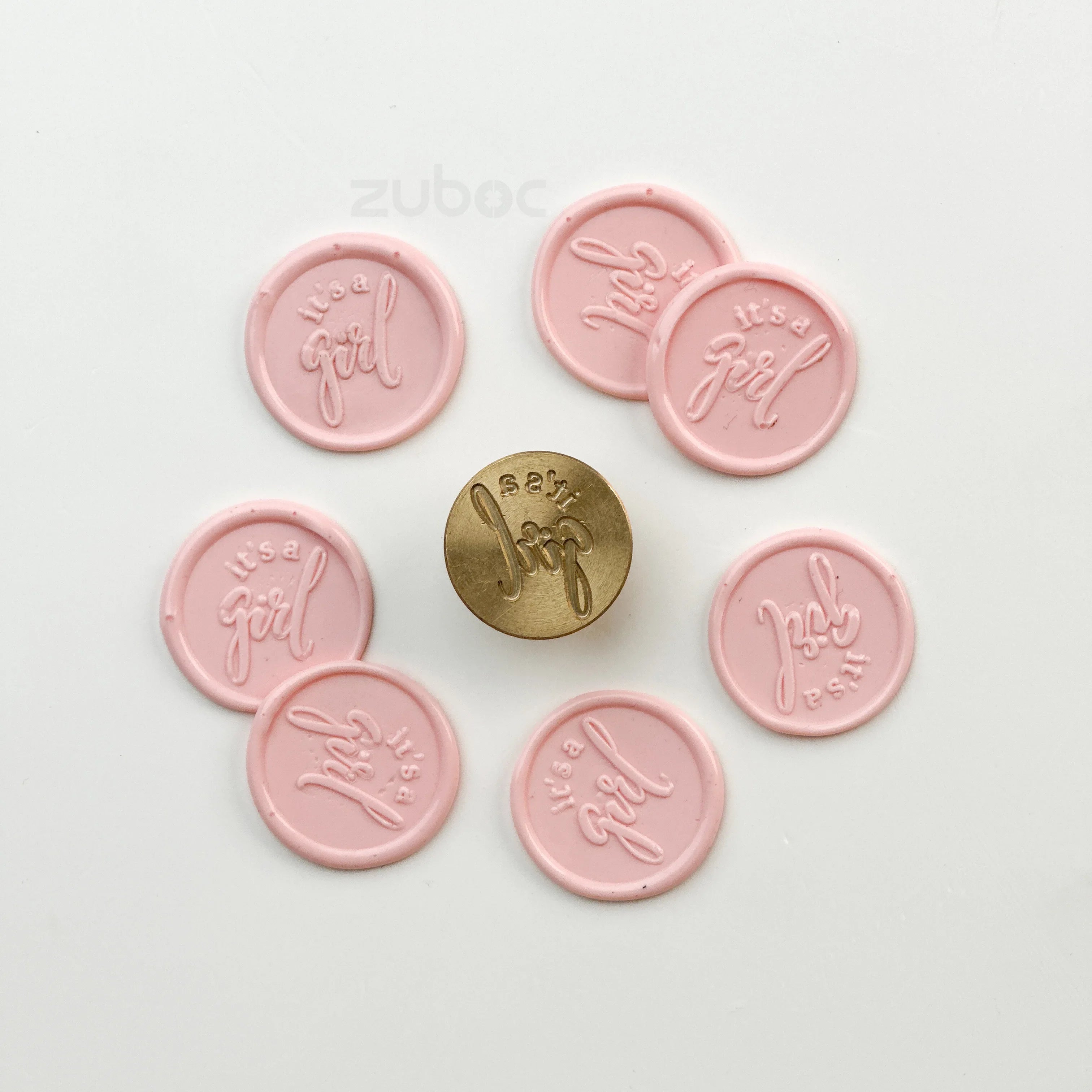 Pink wax stamp with wooden handle for handmade cards