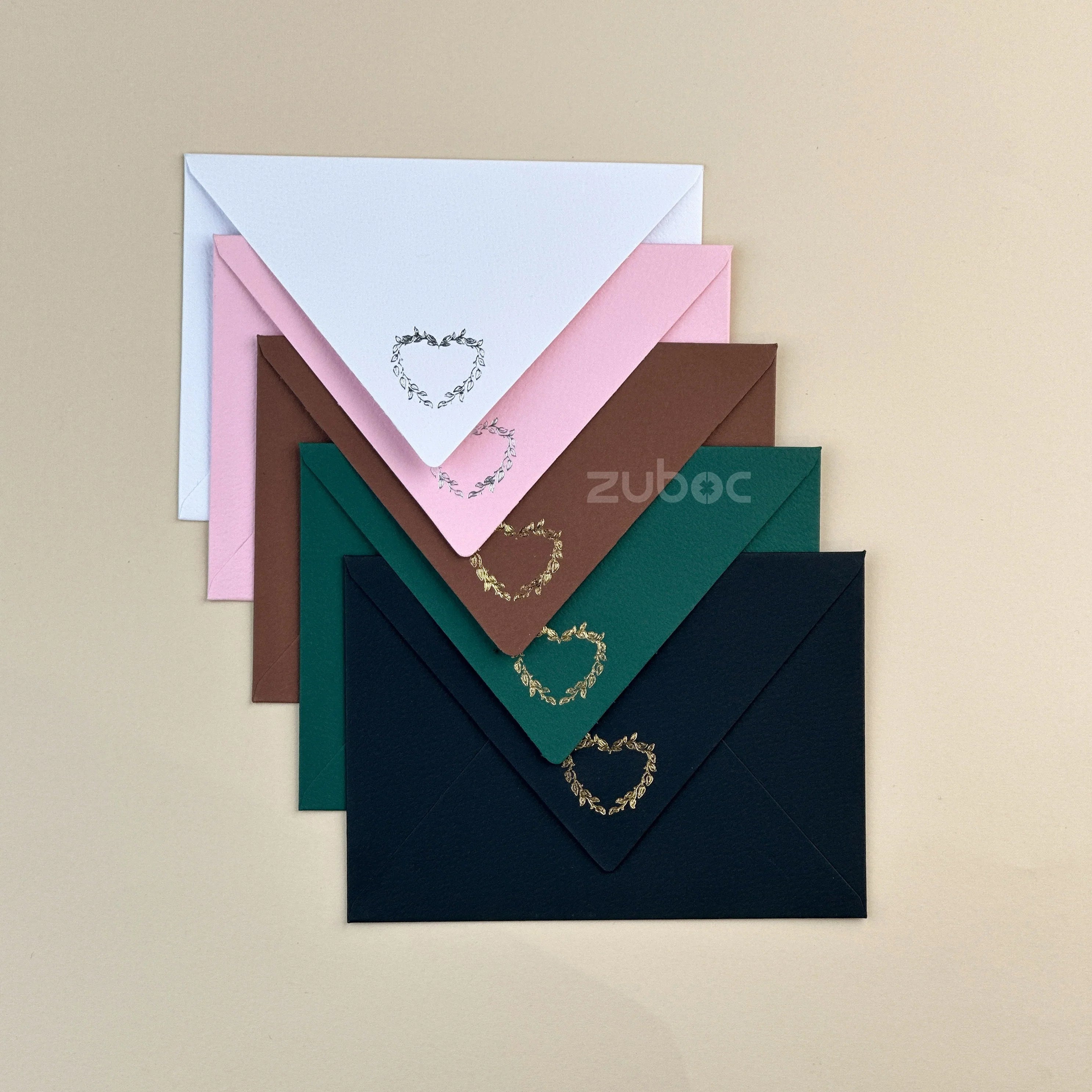  Luvette C6 counter flap envelopes with foil heart design ? set of 5 in black, forest green, chocolate brown, baby pink, and white from Zuboc ? perfect for weddings, gifting, and special occasions.-2