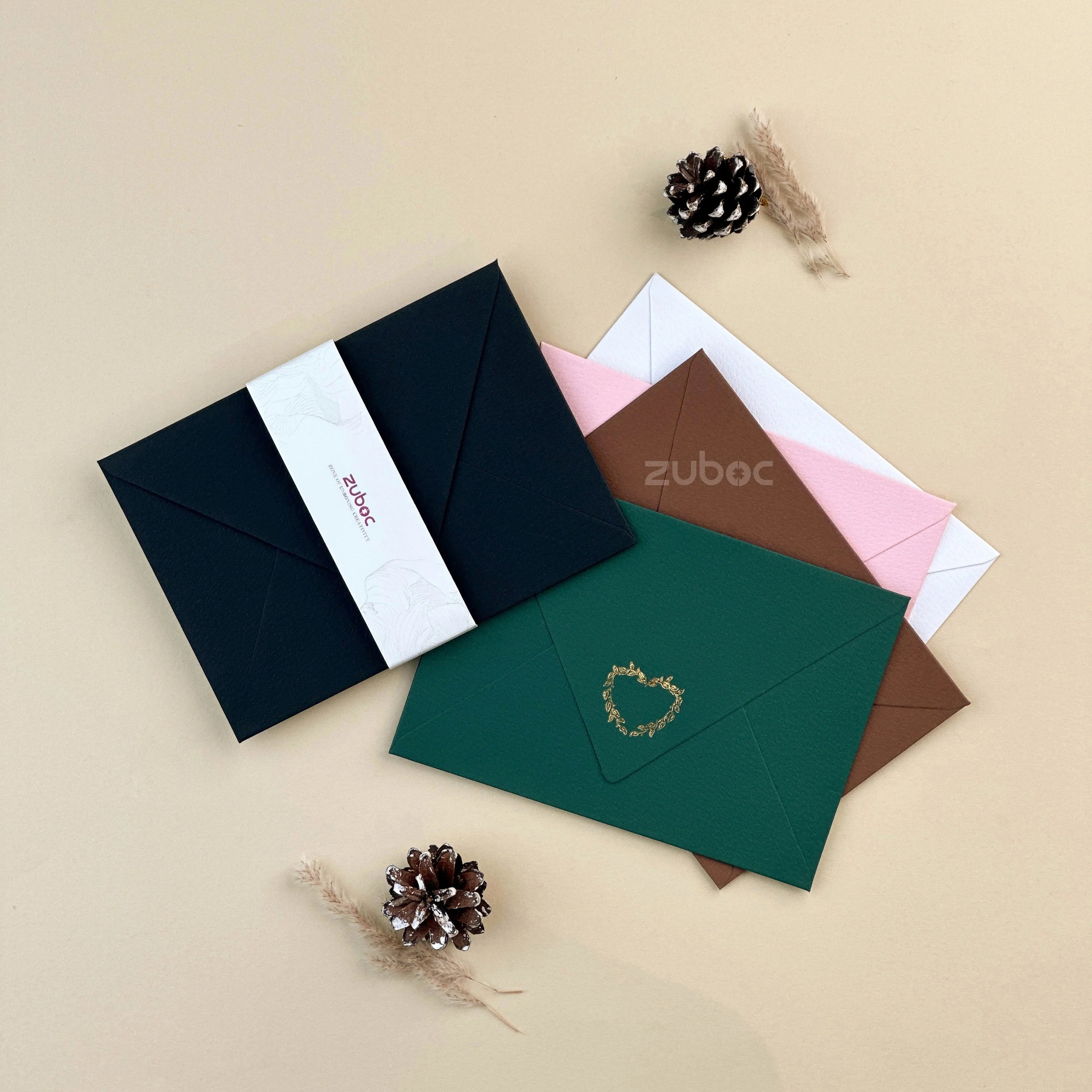  Luvette C6 counter flap envelopes with foil heart design ? set of 5 in black, forest green, chocolate brown, baby pink, and white from Zuboc ? perfect for weddings, gifting, and special occasions.-1