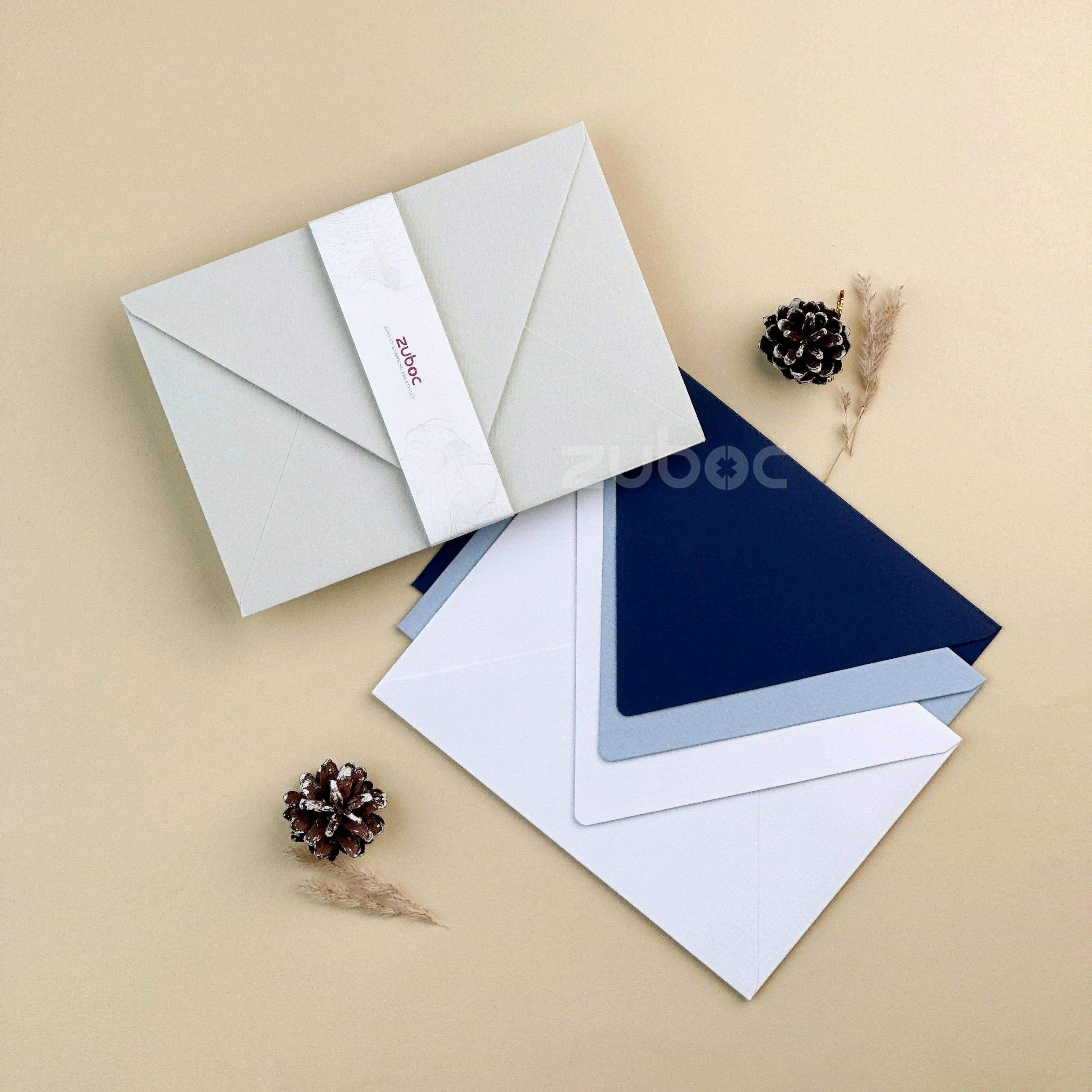  Ocean Opulence counter flap envelopes set of 4 in navy blue, lightest gray, normal white, and light blue from Zuboc ? premium textured imported paper for weddings, gifting, and crafts-1

