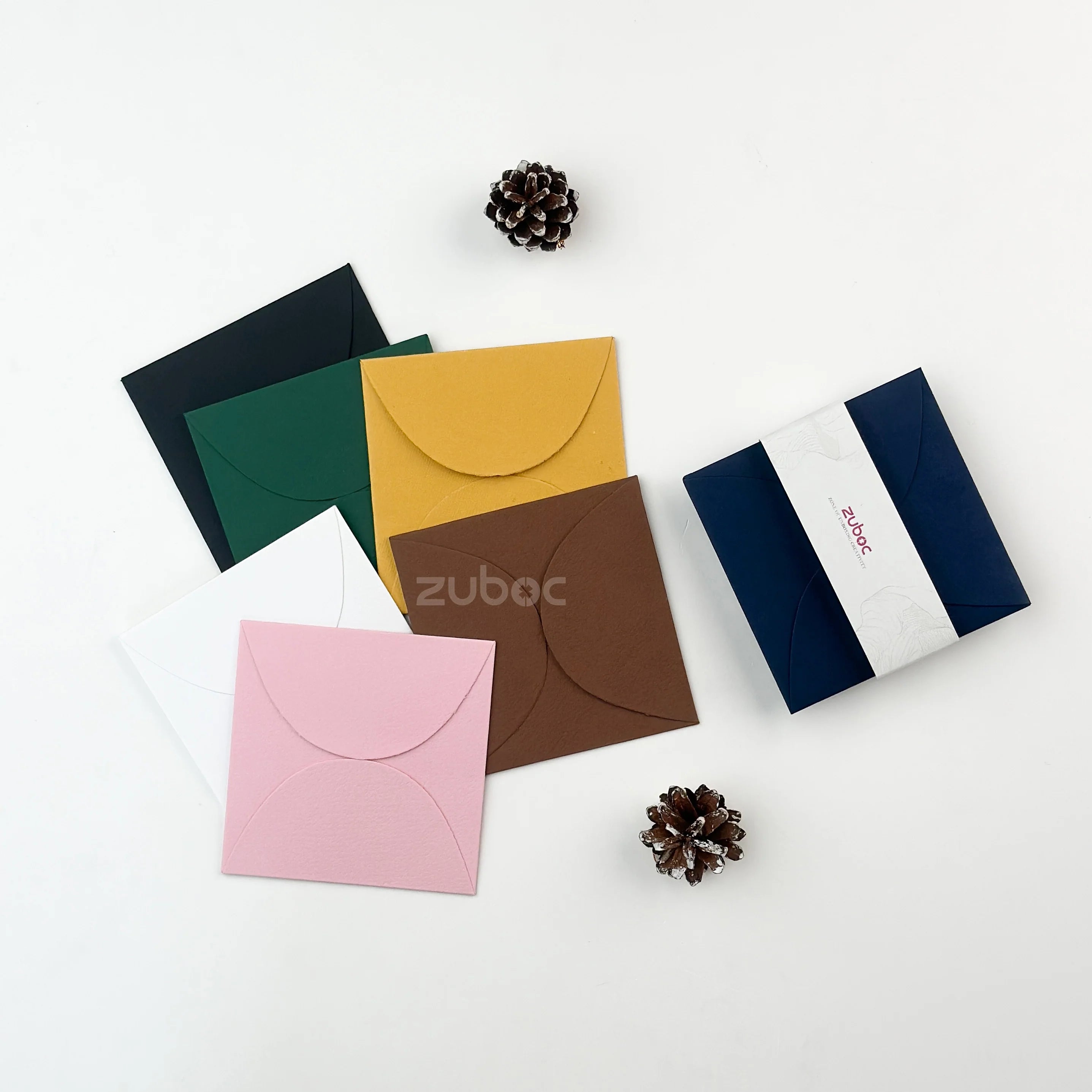 Shade of Whimsy semi-circle envelopes set of 7 in plain navy blue, chocolate brown, baby pink, forest green, black, normal white, and mango yellow from Zuboc ? premium imported and handmade -papers for weddings, gifting, and creative stationery-1
