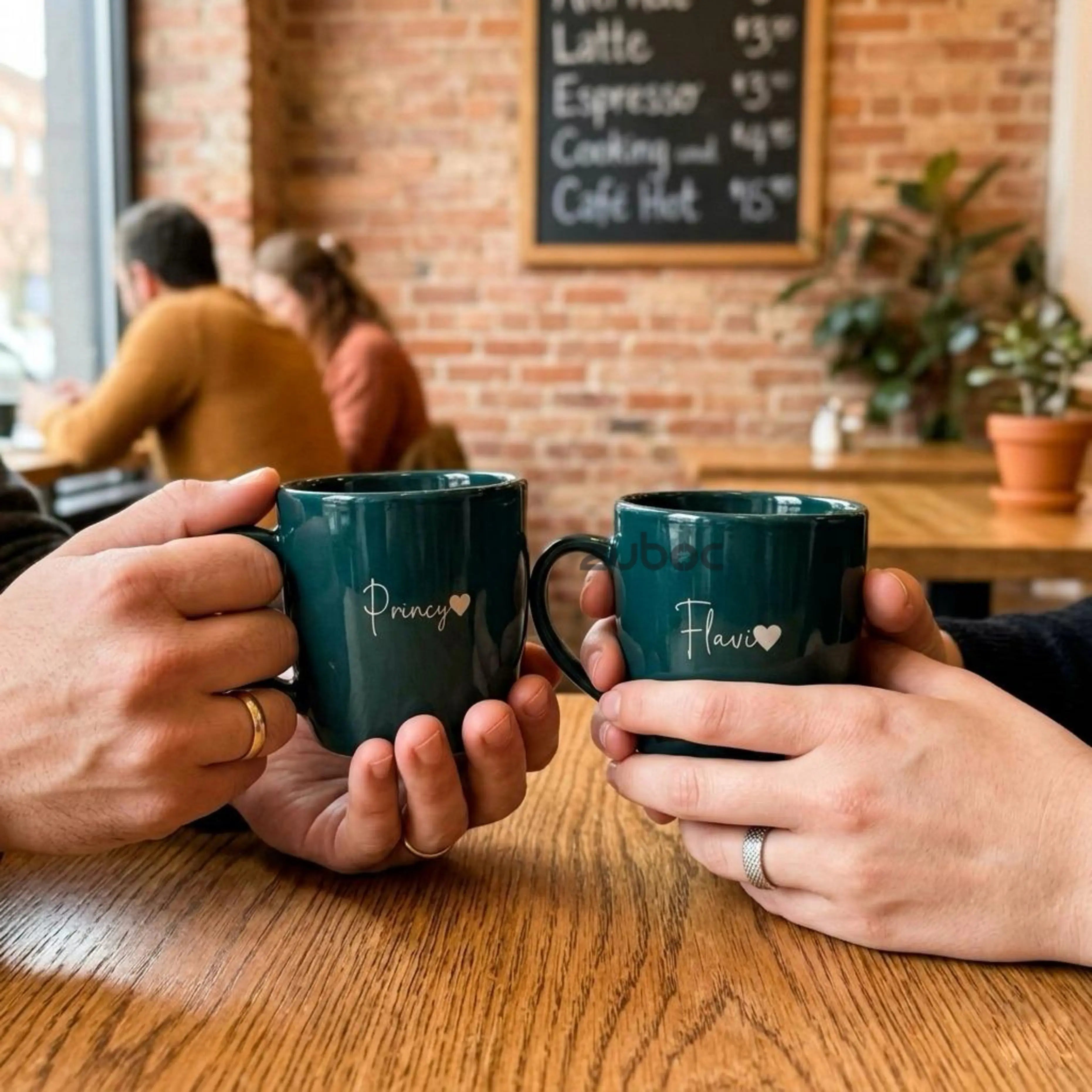 Personalized Teal Blue Ceramic Couple Coffee Mug With Engraved Names