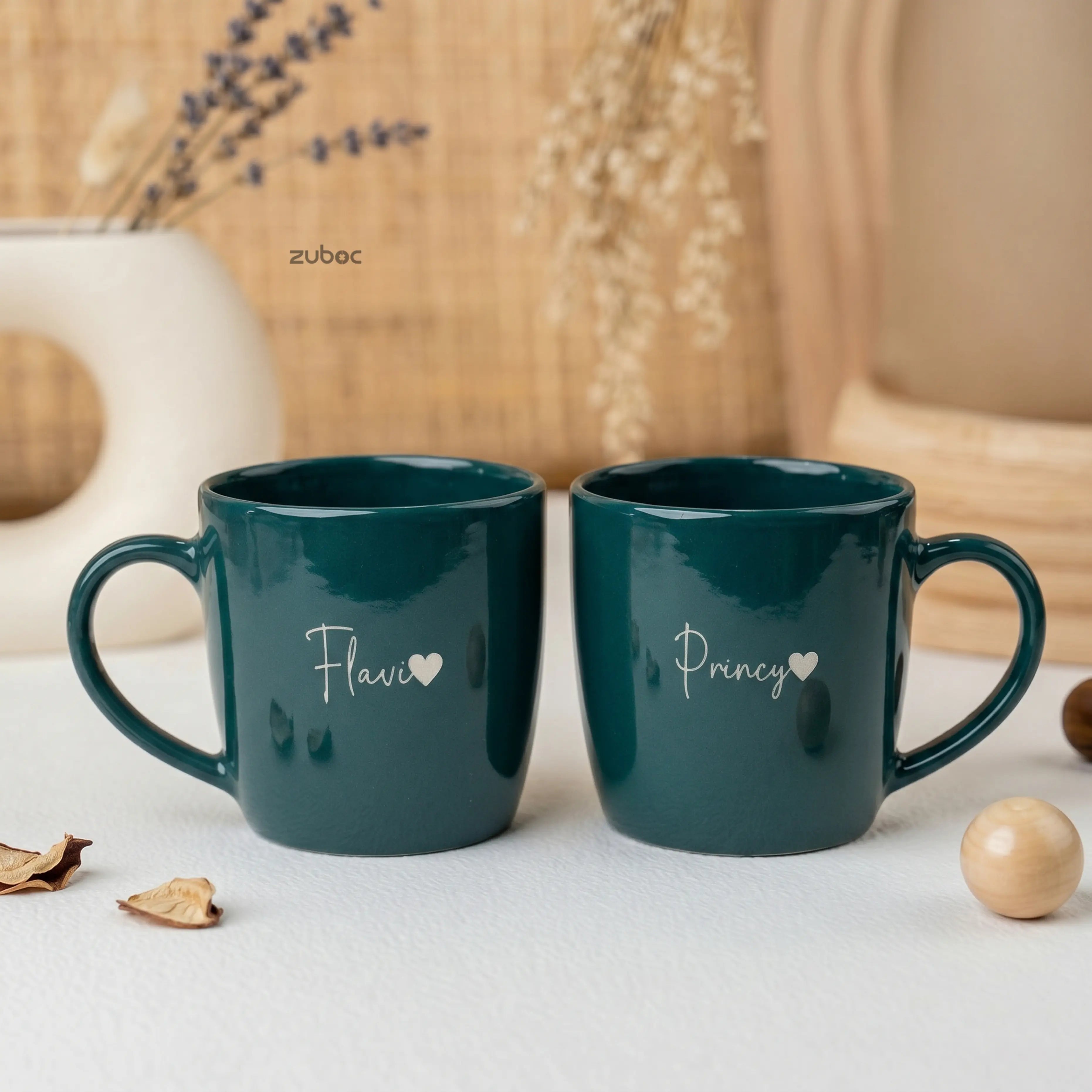 Personalized Teal Blue Ceramic Couple Coffee Mug With Engraved Names