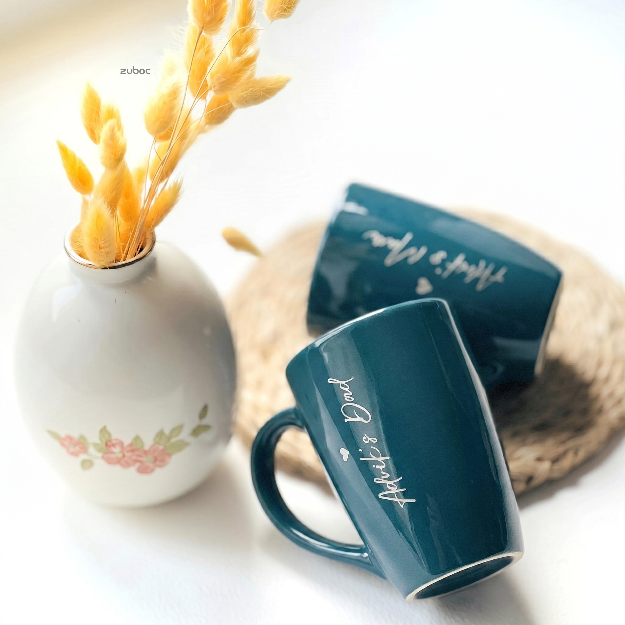 Personalized Stylish Long Teal Blue Couple Mug For Anniversaries