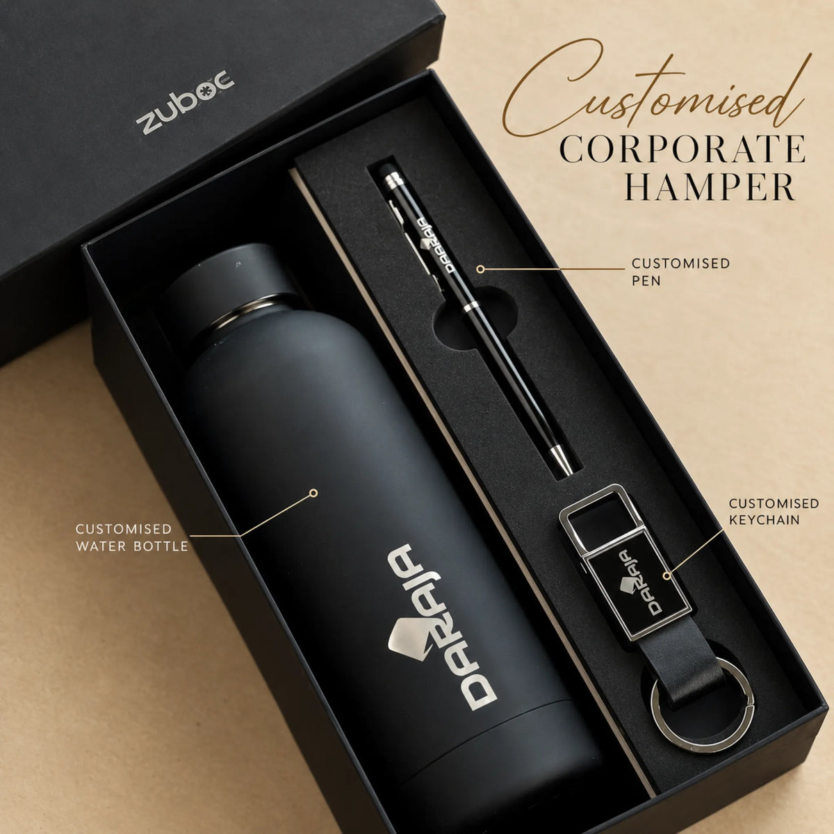 The Prestige Corporate Gift Box/Hamper - Bottle, Metal Pen & Keychain Combo