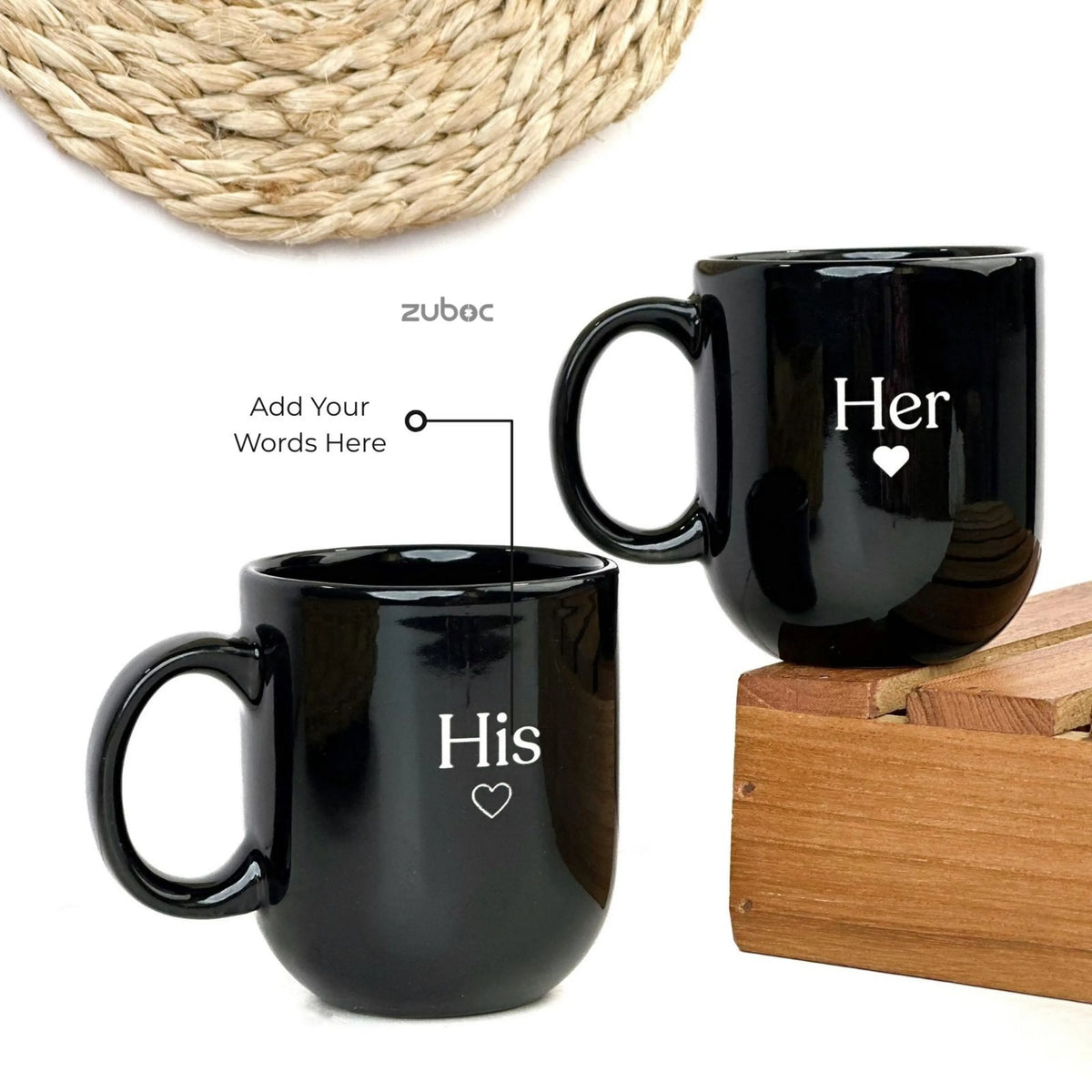 Zuboc Customized His and Hers Classic Mini Ceramic Coffee Mug Set /For Gifting- Black