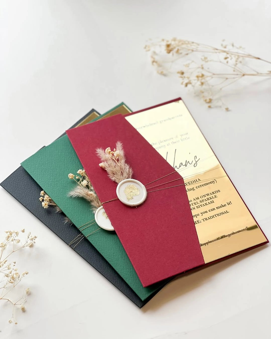 Burgundy and gold acrylic wedding suite top-down view for DIY projects