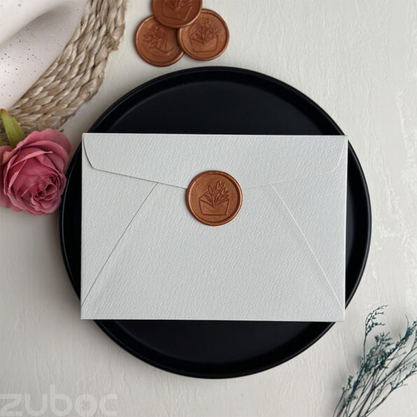 Lightest grey wedding invitation envelope with bronze gold envelope wax seal-3