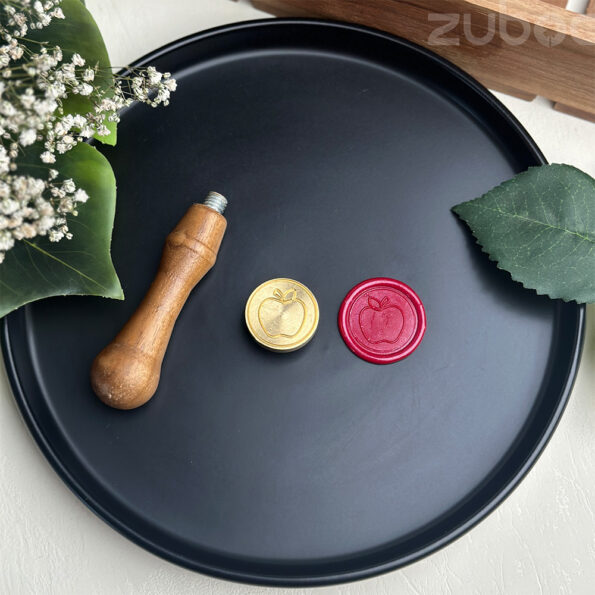 Apple wax seal stamp featuring a sturdy wooden handle -2