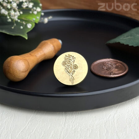 Vibrant Chinese Balsam design wax stamp with teak wood handle for floral seals by Zuboc