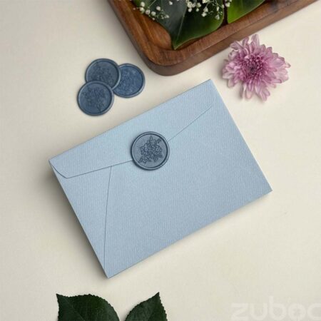 Elegant wedding invitation envelope light blue with cherry blossom wax seal-1