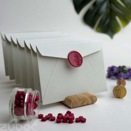 Lightest grey wedding envelope with magenta foliage wax seal-1