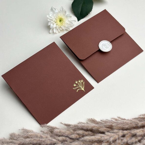 Chocolate brown square envelope with cream white duo ring wax seal-1