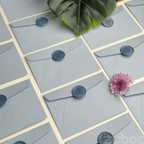 Elegant wedding invitation envelope light blue with cherry blossom wax seal-3