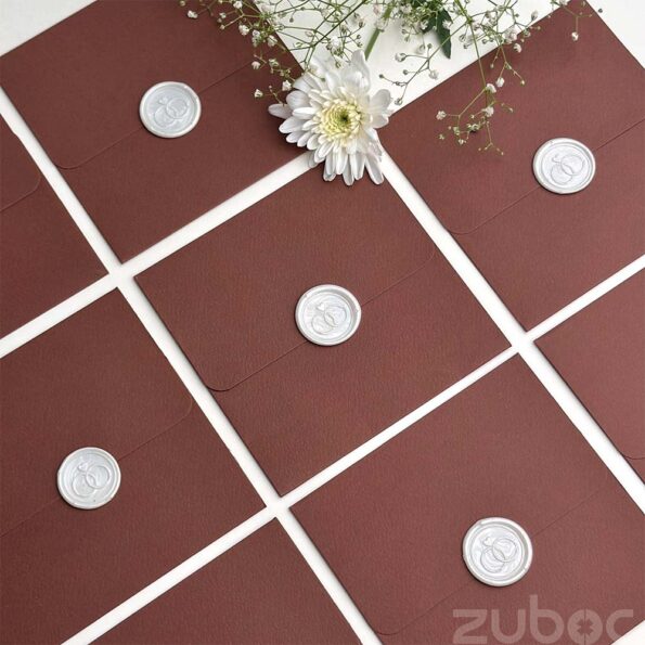 Chocolate brown square envelope with cream white duo ring wax seal-3