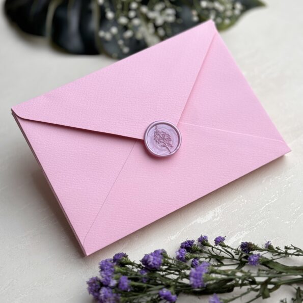 Baby pink std envelope and lilac lily wax seal