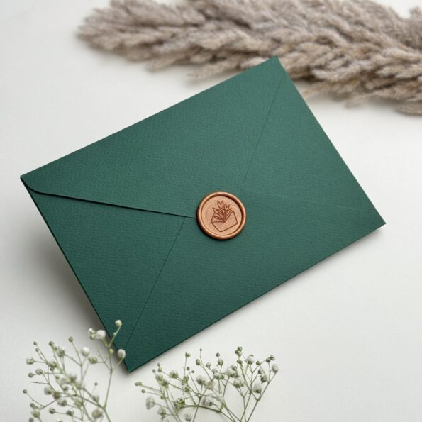 Forest green std envelope and bronze gold envelope wax seal