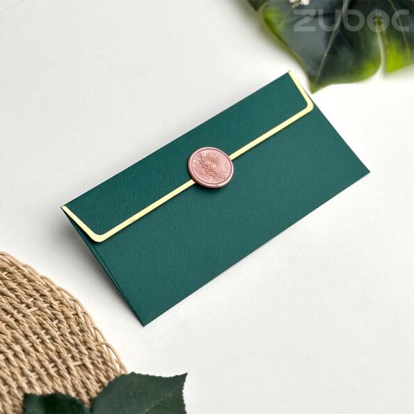 Forest green money envelope with rose gold branch wax seal