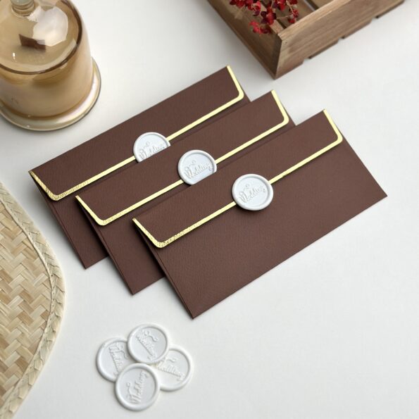 Chocolate brown money envelope with snow white wedding wax seal-3