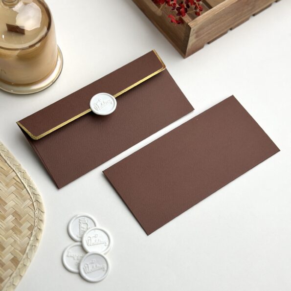 Chocolate brown money envelope with snow white wedding wax seal-2