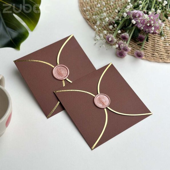 Chocolate brown semi circle envelope with rose gold branch wax seal-2