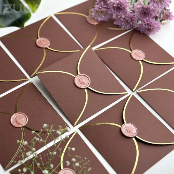 Chocolate brown semi circle envelope with rose gold branch wax seal-3