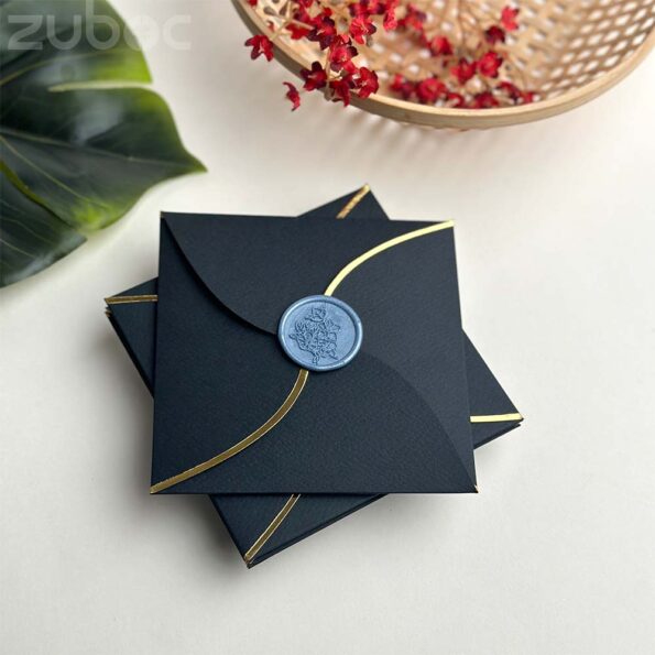 Semi circle foiled black envelope and cloudy sky cherry blossom wax seal-2