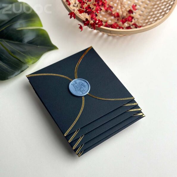 Semi circle foiled black envelope and cloudy sky cherry blossom wax seal-3