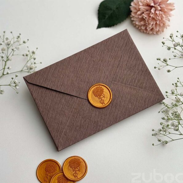 Std envelope crinkled coffee with light gold hydrangea wax seal