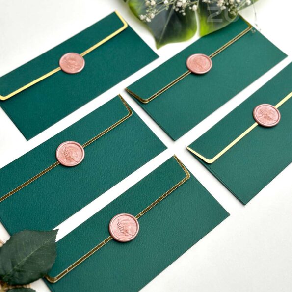 Forest green money envelope with rose gold branch wax seal-3