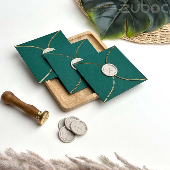 Forest green semi circle envelope with light grey spoon and fork wax seal-2