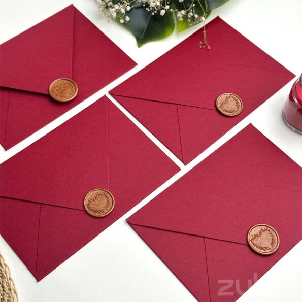 Counter flap maroon envelope with heart wreath bronze gold wax seal-3