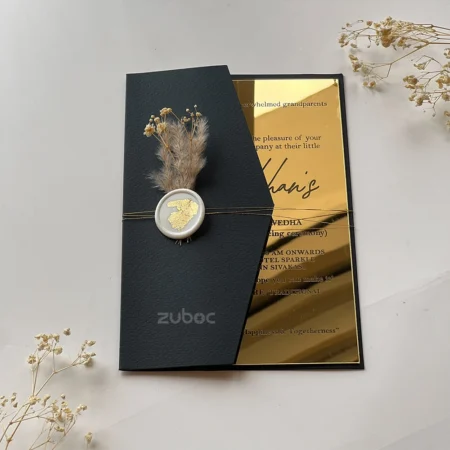 Wedding invitation with golden acrylic insert, wax seal, and dry flower for elegent look-1